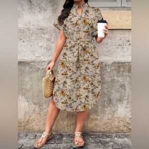 Emery Rose Curve - Floral Midi Dress in Yellow and Taupe